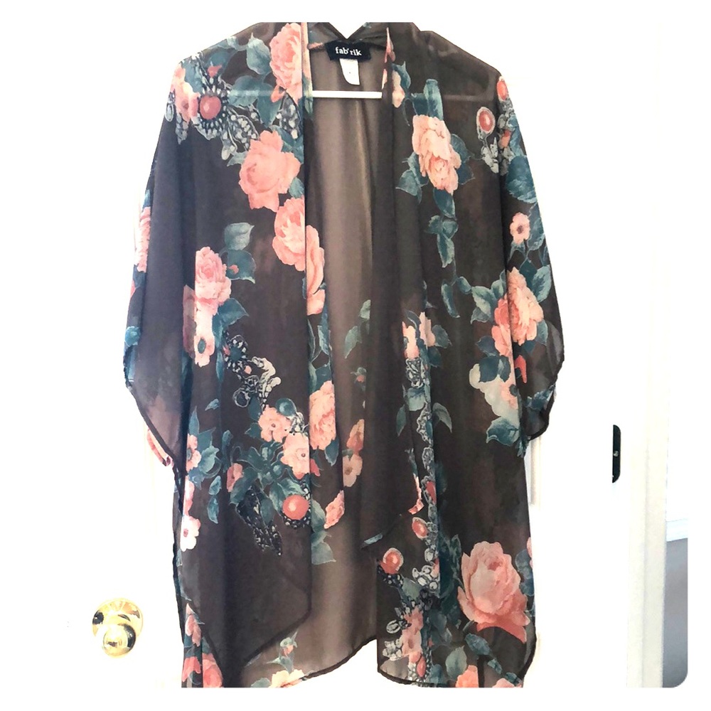 Sheer, floral, kimono shawl blouse